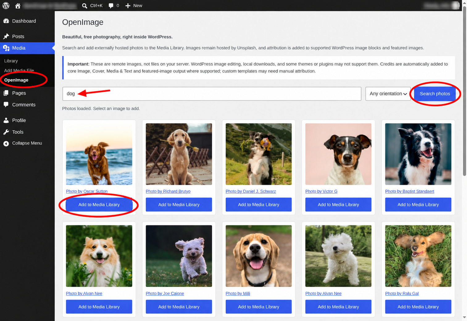 OpenImage backend search with red callouts around the Media OpenImage menu, search field, Search photos button, and Add to Media Library button. Site and account details are blurred.