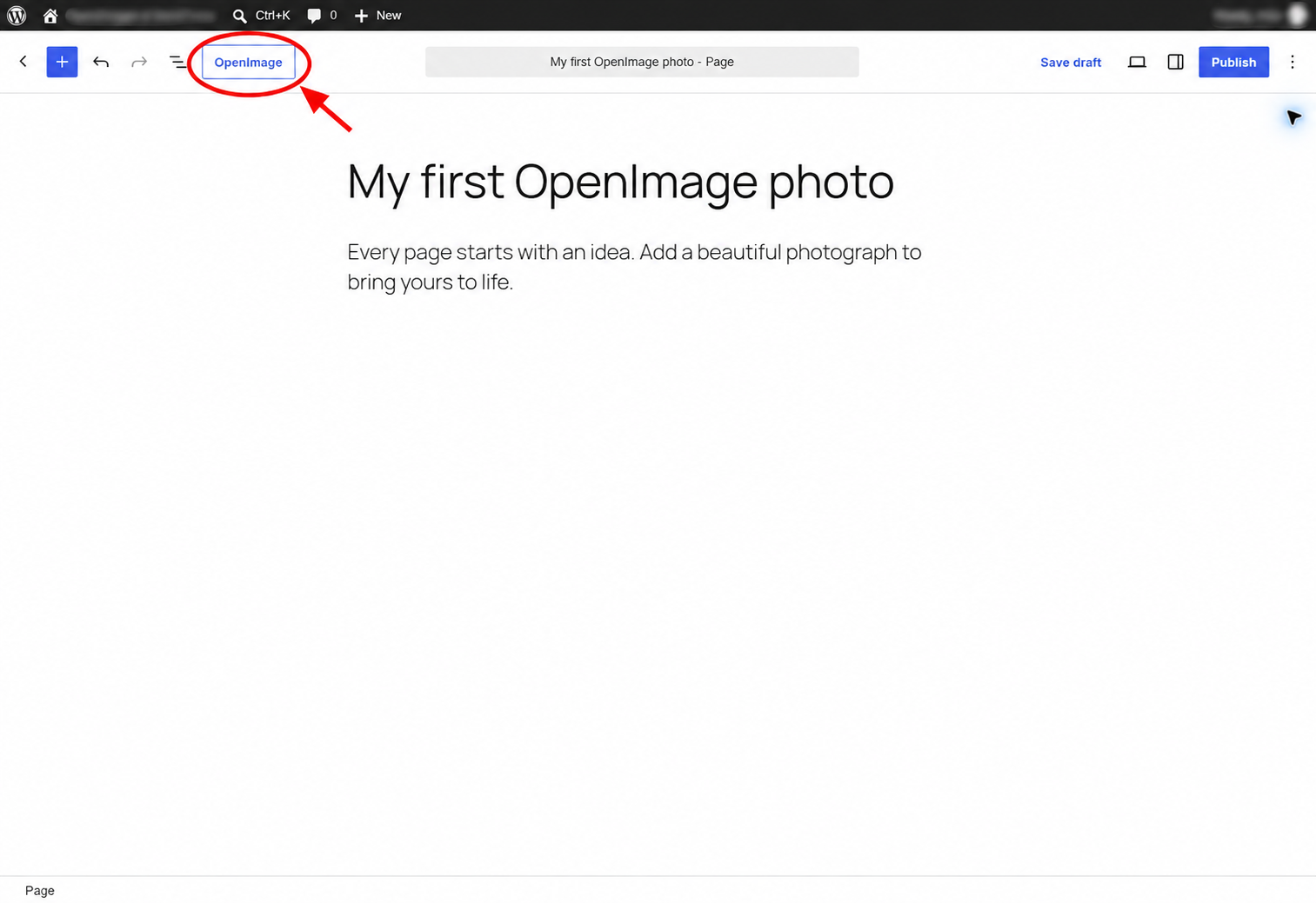An open WordPress page before a photo is added, with a red circle and arrow highlighting the OpenImage button in the top-left editor toolbar. Identifying details are blurred.